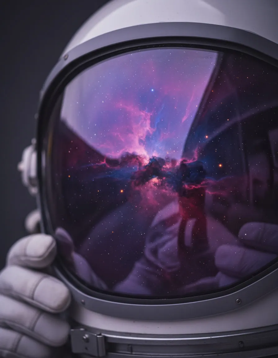 An astronaut visor reflecting a violet nebula, macro photograph, shallow depth of field, cinematic