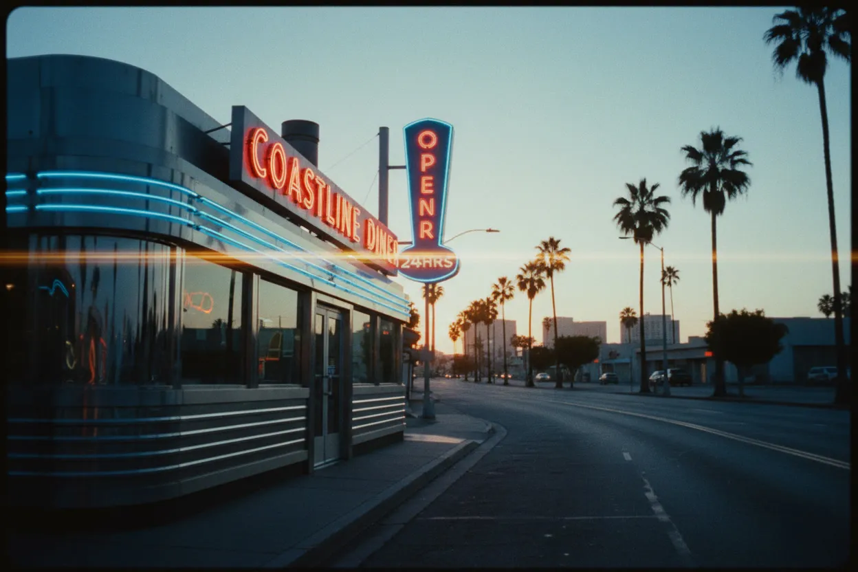 A chrome diner at dawn with its neon still glowing, empty street, anamorphic lens flare, cinematic still